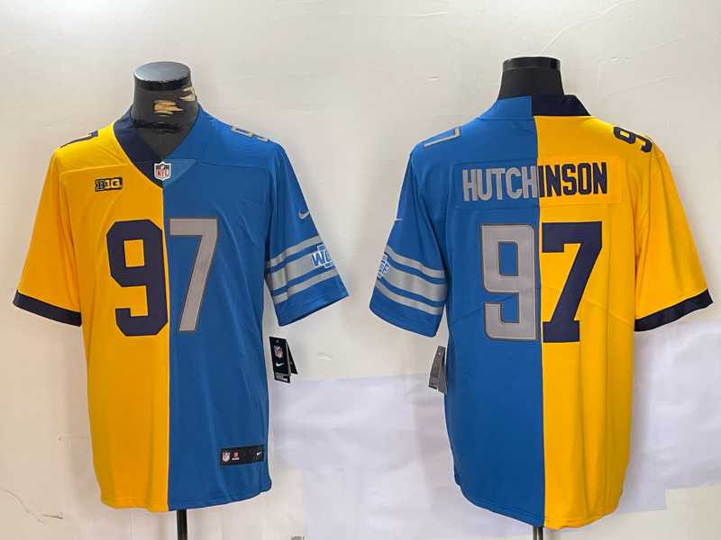 Mens Detroit Lions #97 Aidan Hutchinson Yellow Blue Split Vapor Limited Stitched Jerseys Dzhi